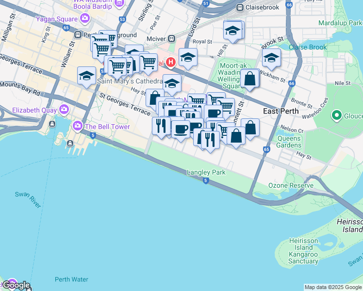 map of restaurants, bars, coffee shops, grocery stores, and more near 114 Terrace Road in Perth