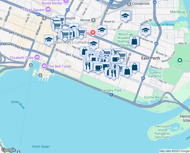 map of restaurants, bars, coffee shops, grocery stores, and more near 120 Terrace Road in Perth