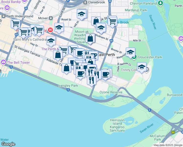 map of restaurants, bars, coffee shops, grocery stores, and more near 118 Adelaide Terrace in East Perth