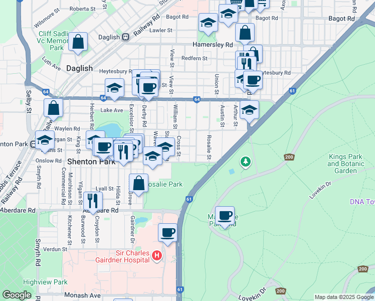 map of restaurants, bars, coffee shops, grocery stores, and more near 3 Cullen Street in Shenton Park
