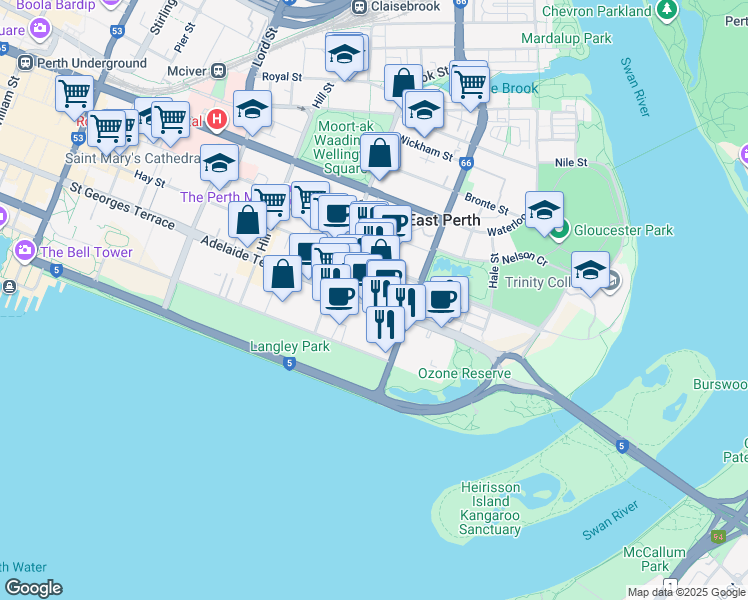 map of restaurants, bars, coffee shops, grocery stores, and more near 128 Adelaide Terrace in East Perth