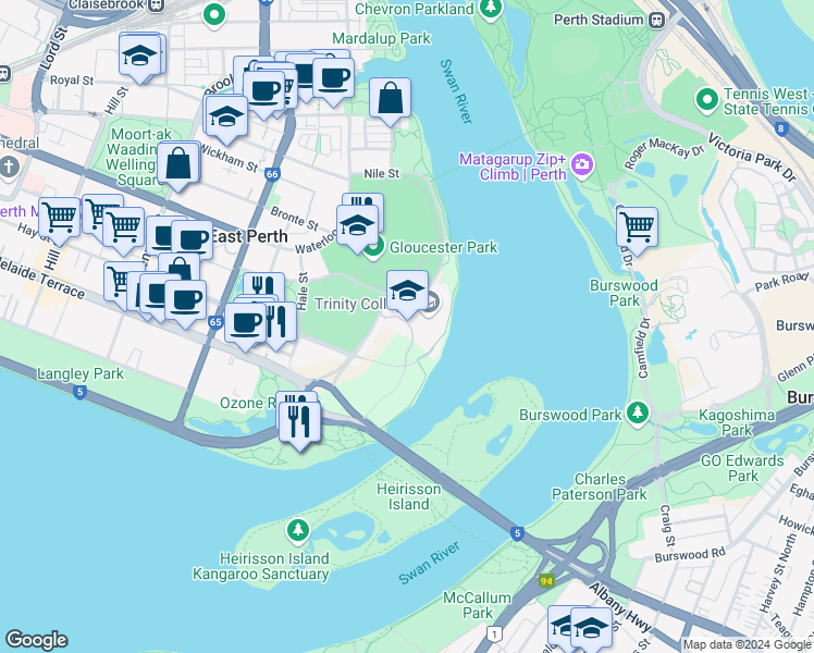 map of restaurants, bars, coffee shops, grocery stores, and more near 2 Trinity Ave in East Perth