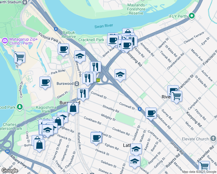 map of restaurants, bars, coffee shops, grocery stores, and more near 18A Maple Street in Lathlain