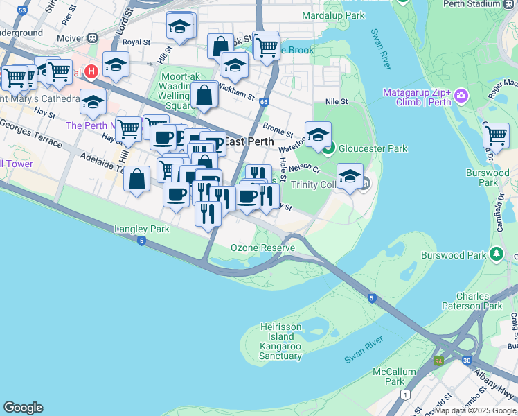 map of restaurants, bars, coffee shops, grocery stores, and more near 8 Moreau Parade in Perth