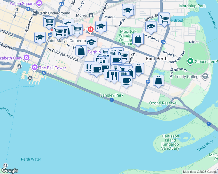 map of restaurants, bars, coffee shops, grocery stores, and more near 90 Terrace Road in East Perth