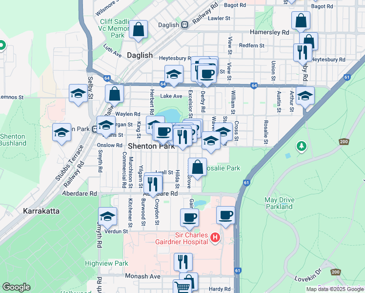 map of restaurants, bars, coffee shops, grocery stores, and more near Onslow Road in Shenton Park