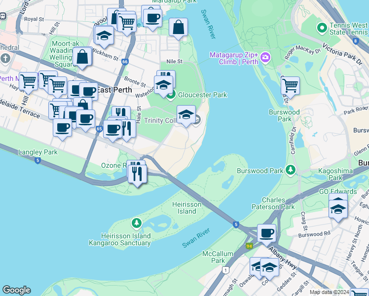 map of restaurants, bars, coffee shops, grocery stores, and more near 2 Trinity Avenue in East Perth