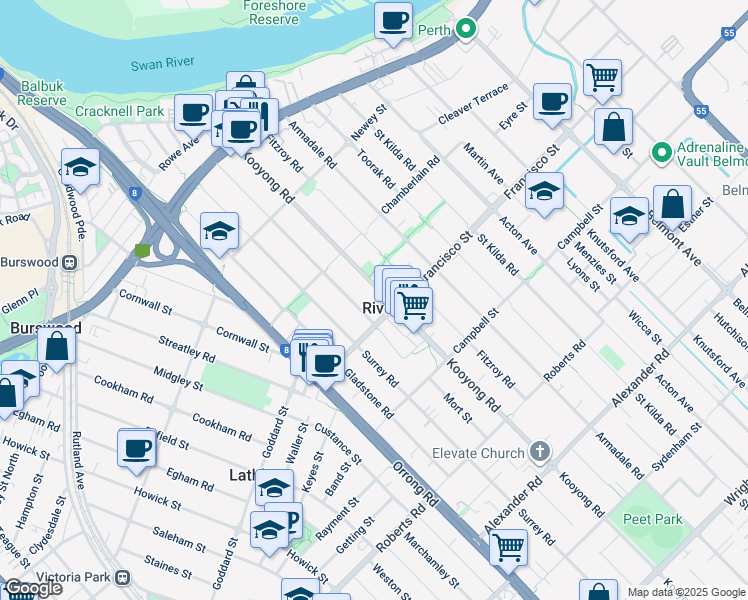 map of restaurants, bars, coffee shops, grocery stores, and more near 88 Kooyong Road in Rivervale