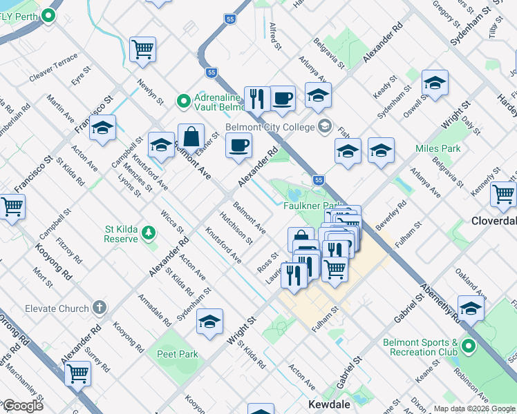 map of restaurants, bars, coffee shops, grocery stores, and more near 16 Brindley Street in Belmont