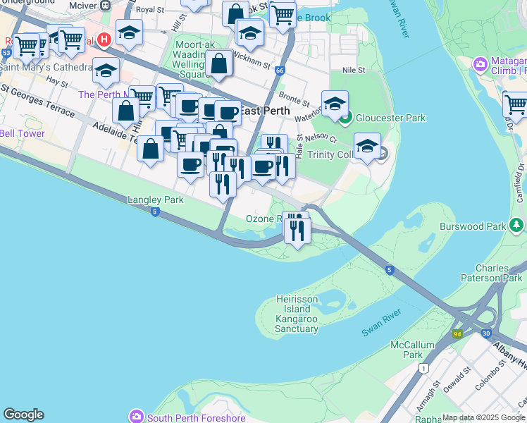 map of restaurants, bars, coffee shops, grocery stores, and more near 1 Adelaide Terrace in East Perth