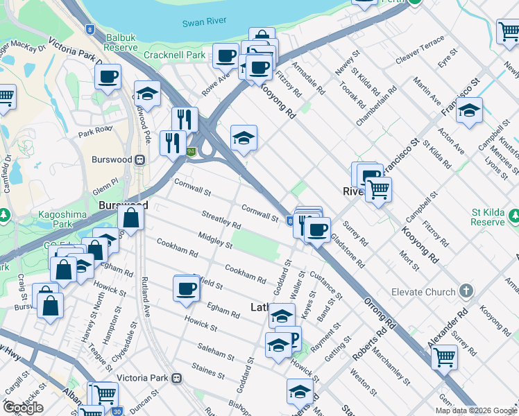 map of restaurants, bars, coffee shops, grocery stores, and more near 42 Cornwall Street in Lathlain