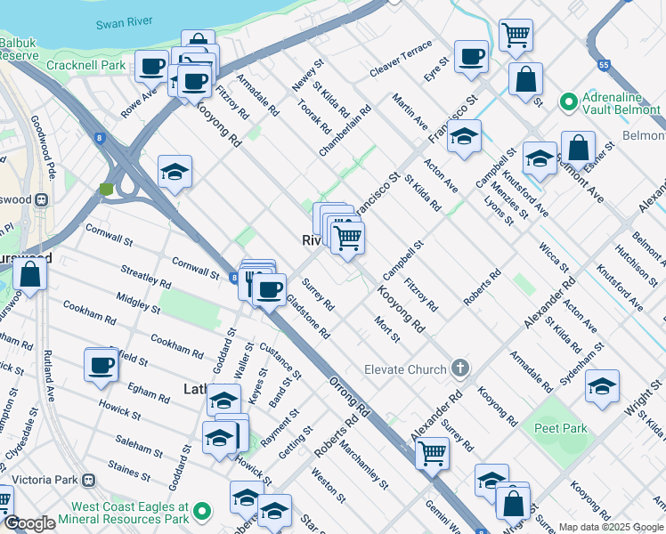 map of restaurants, bars, coffee shops, grocery stores, and more near 17 Gerring Court in Rivervale