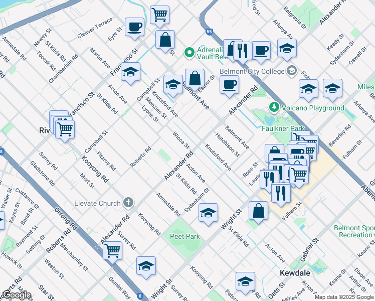 map of restaurants, bars, coffee shops, grocery stores, and more near 26 Wicca Street in Rivervale