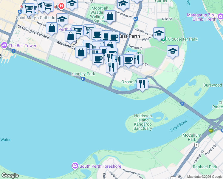map of restaurants, bars, coffee shops, grocery stores, and more near Riverside Drive in Perth