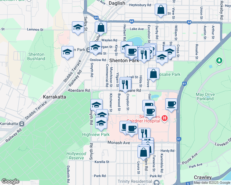 map of restaurants, bars, coffee shops, grocery stores, and more near 61 Aberdare Road in Nedlands