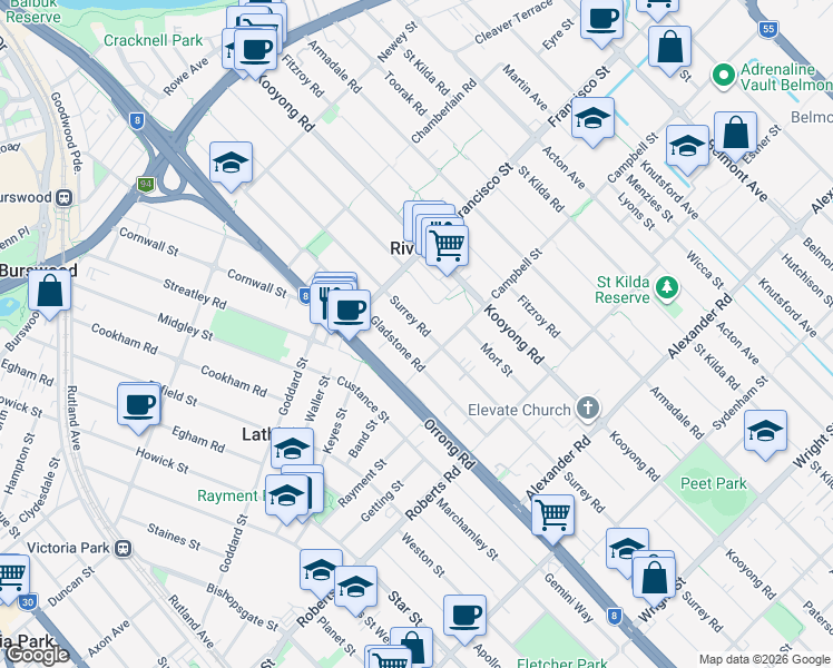 map of restaurants, bars, coffee shops, grocery stores, and more near 120 Surrey Road in Rivervale