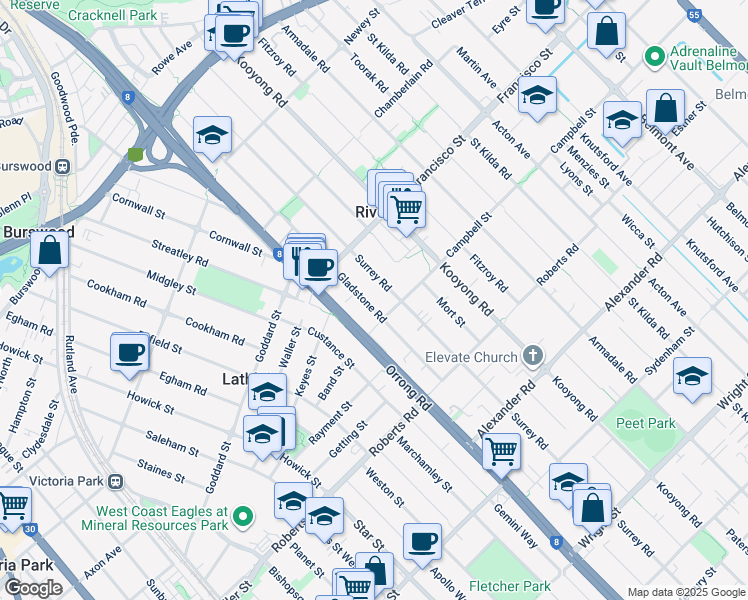 map of restaurants, bars, coffee shops, grocery stores, and more near 121A Gladstone Road in Rivervale
