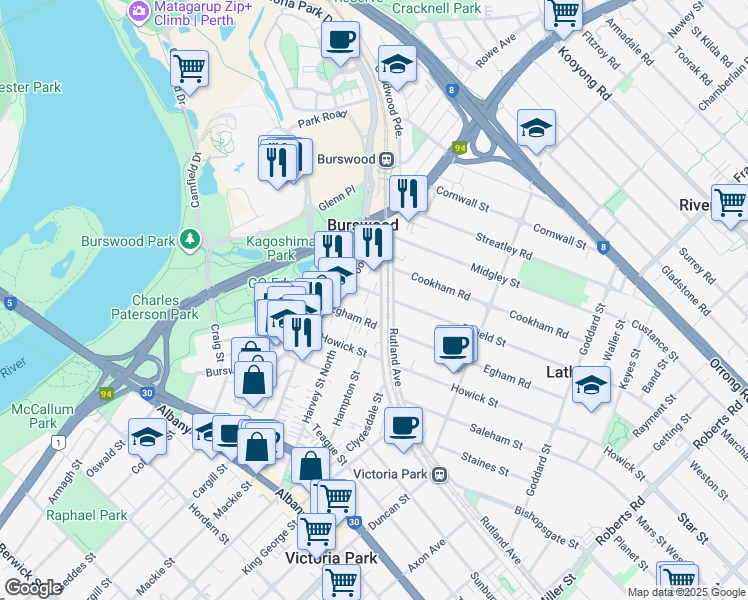 map of restaurants, bars, coffee shops, grocery stores, and more near 13 Leigh Street in Burswood