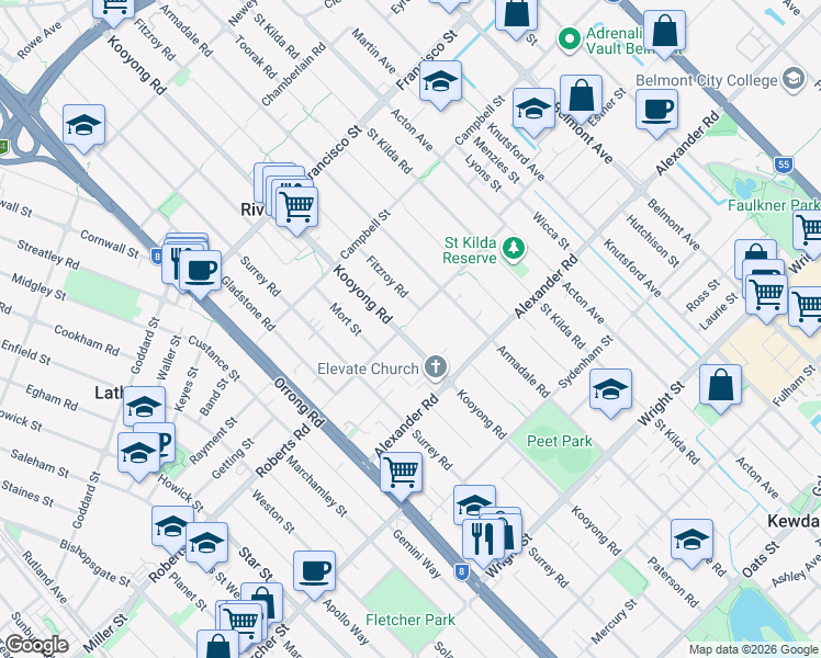 map of restaurants, bars, coffee shops, grocery stores, and more near 169 Kooyong Road in Rivervale