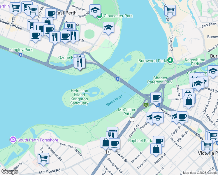 map of restaurants, bars, coffee shops, grocery stores, and more near in East Perth