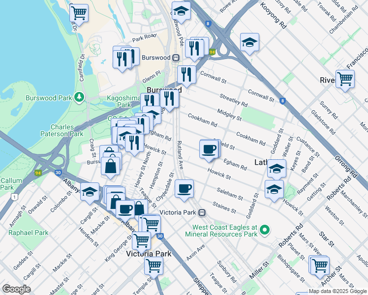 map of restaurants, bars, coffee shops, grocery stores, and more near 42 Rutland Avenue in Lathlain