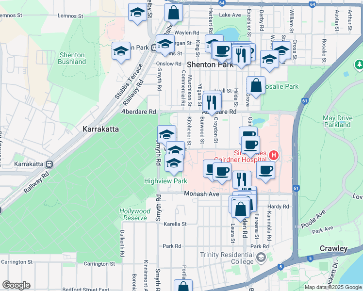 map of restaurants, bars, coffee shops, grocery stores, and more near 33 Verdun Street in Nedlands