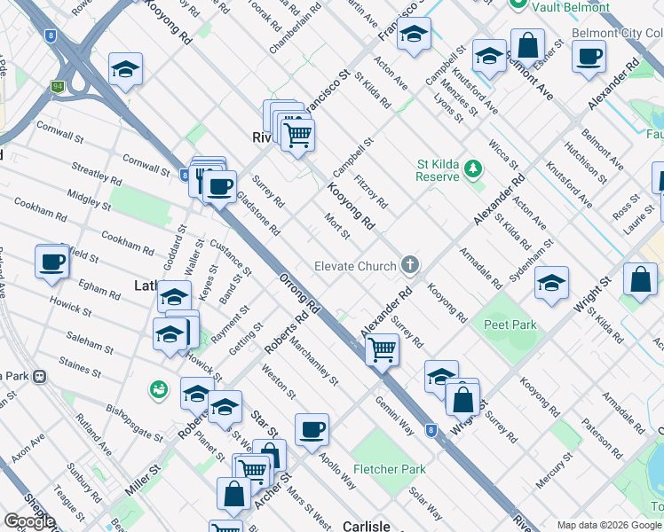 map of restaurants, bars, coffee shops, grocery stores, and more near 156A Surrey Road in Rivervale