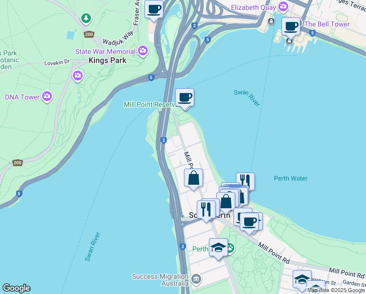 map of restaurants, bars, coffee shops, grocery stores, and more near 27 Mill Point Road in South Perth