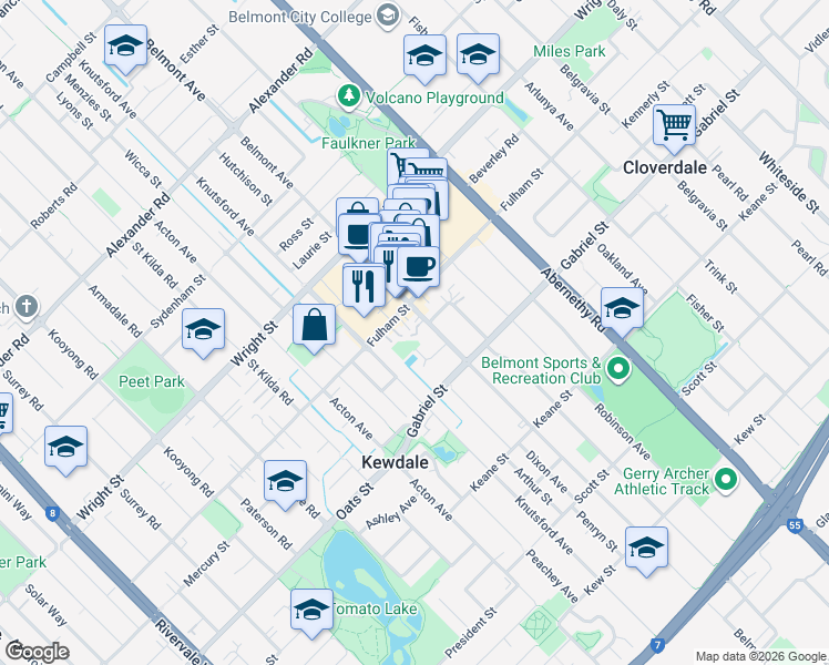 map of restaurants, bars, coffee shops, grocery stores, and more near 276 Belmont Avenue in Kewdale