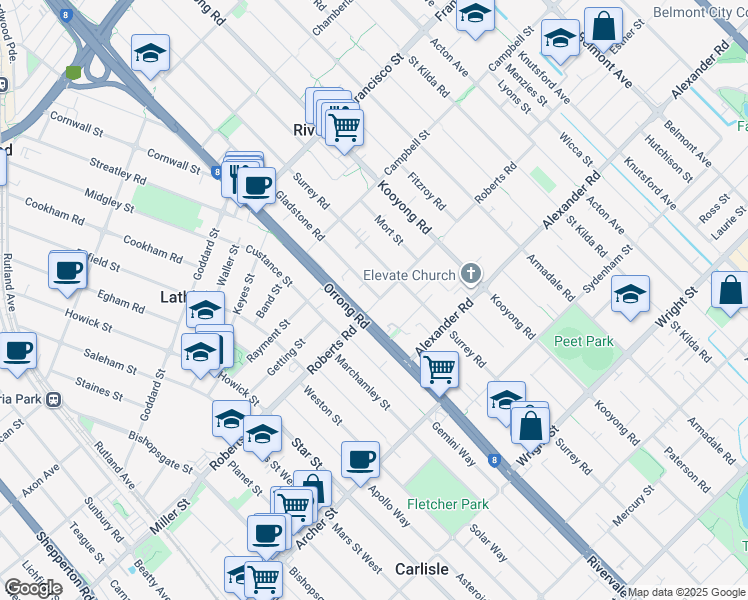 map of restaurants, bars, coffee shops, grocery stores, and more near 158 Gladstone Road in Rivervale