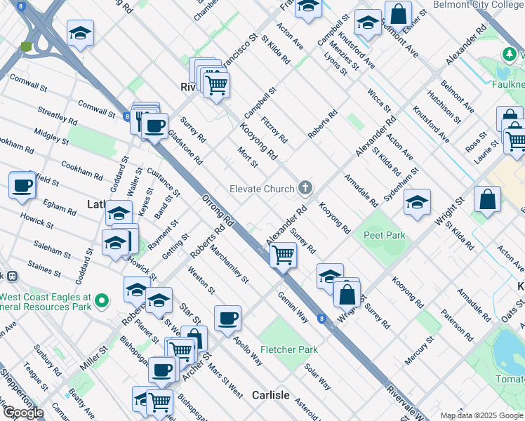 map of restaurants, bars, coffee shops, grocery stores, and more near 170 Surrey Road in Rivervale