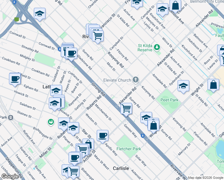 map of restaurants, bars, coffee shops, grocery stores, and more near 78 Roberts Road in Rivervale