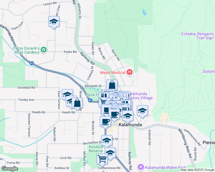 map of restaurants, bars, coffee shops, grocery stores, and more near Elizabeth Street in Kalamunda
