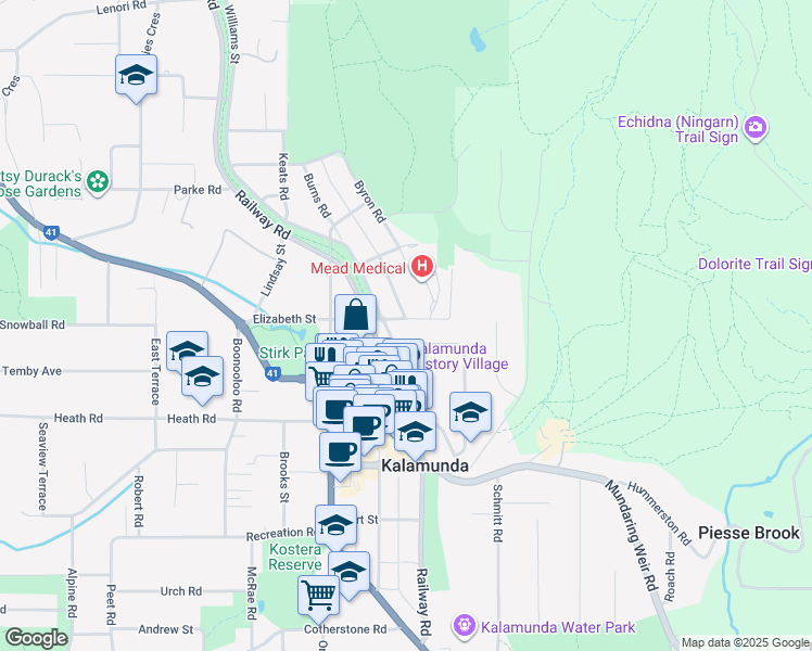 map of restaurants, bars, coffee shops, grocery stores, and more near 26 Elizabeth Street in Kalamunda
