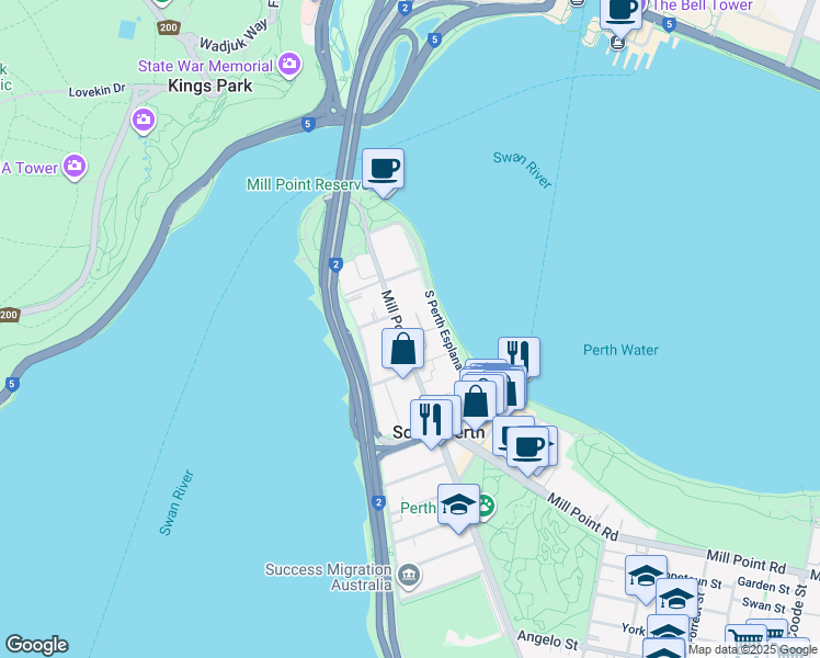 map of restaurants, bars, coffee shops, grocery stores, and more near 54 Mill Point Road in South Perth