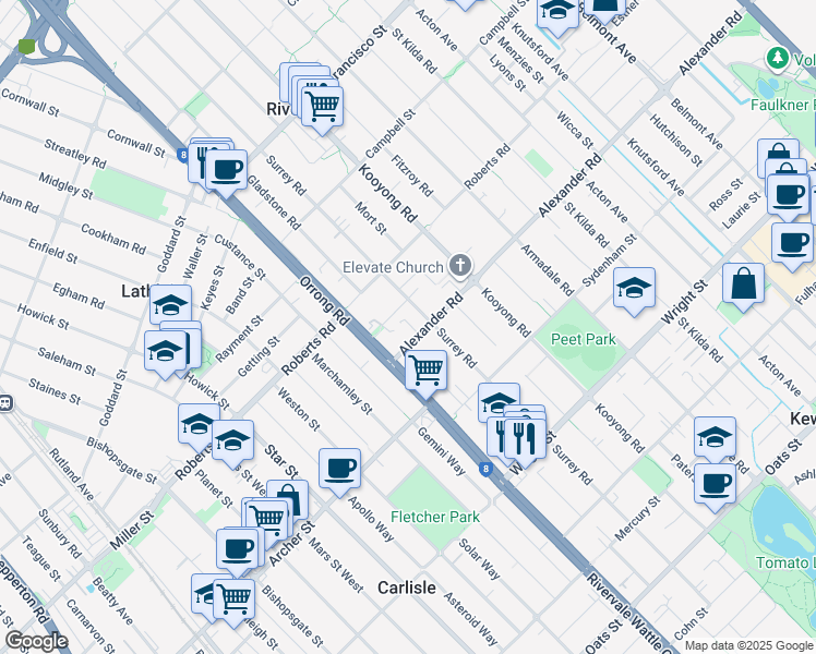 map of restaurants, bars, coffee shops, grocery stores, and more near 21 Alexander Road in Rivervale