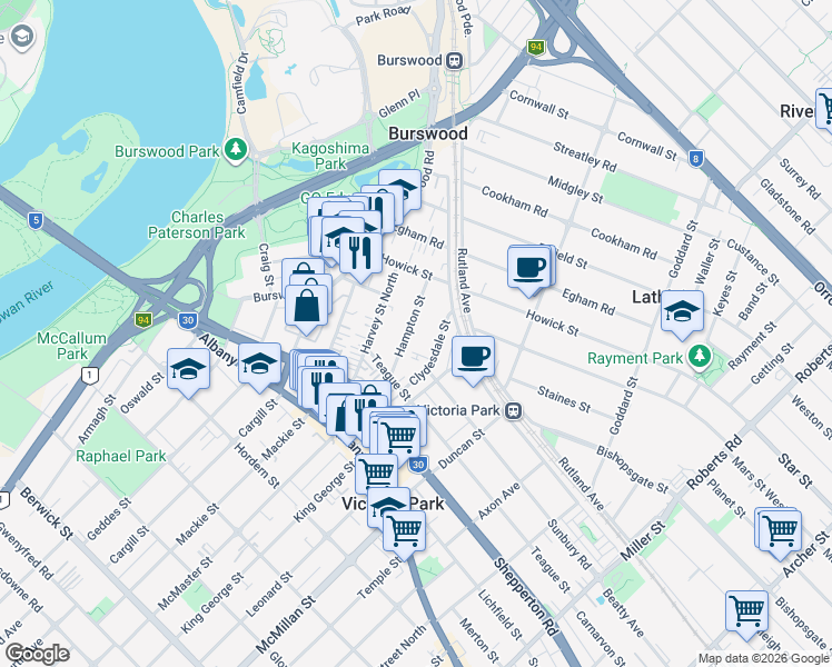map of restaurants, bars, coffee shops, grocery stores, and more near 12 Hampton Street in Burswood
