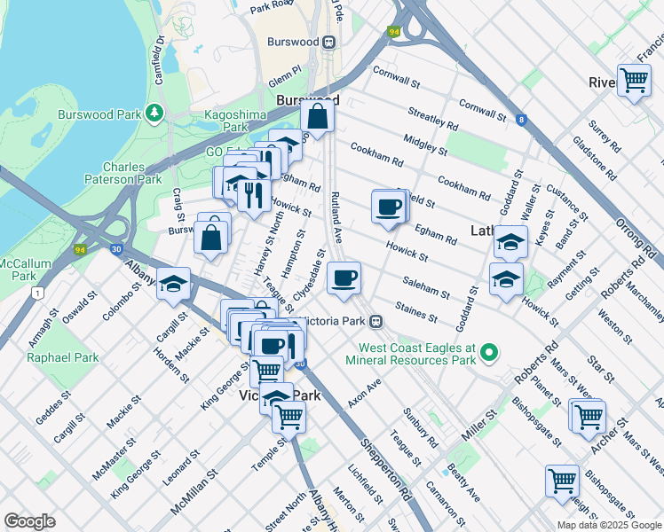 map of restaurants, bars, coffee shops, grocery stores, and more near 37 Kitchener Avenue in Burswood