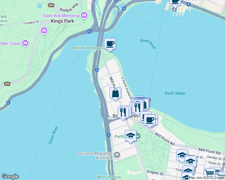 map of restaurants, bars, coffee shops, grocery stores, and more near 55 Mill Point Road in South Perth