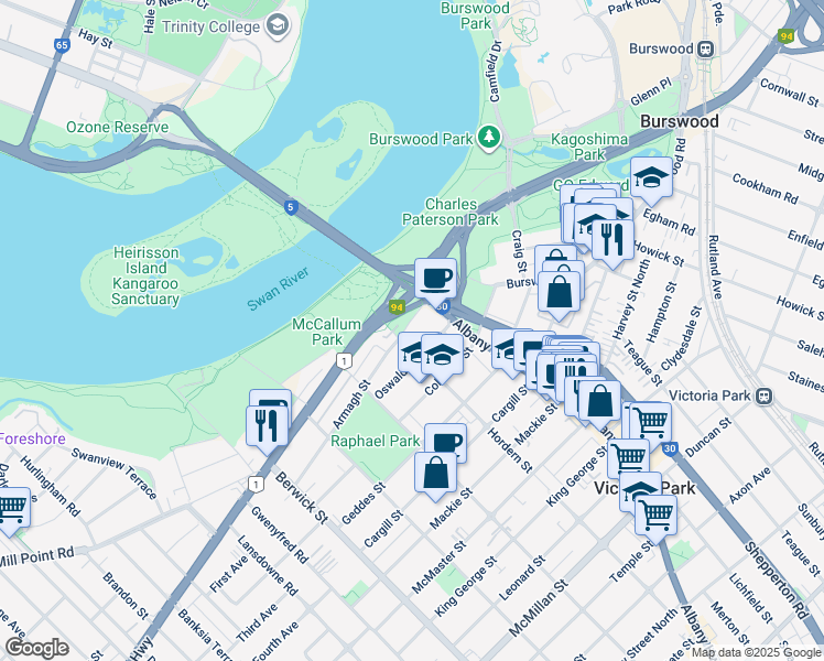 map of restaurants, bars, coffee shops, grocery stores, and more near 8 Hordern Street in Victoria Park