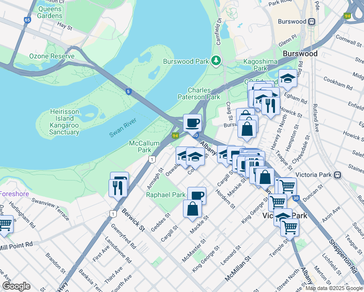 map of restaurants, bars, coffee shops, grocery stores, and more near 49 Albany Highway in Victoria Park