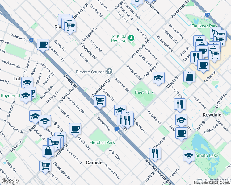 map of restaurants, bars, coffee shops, grocery stores, and more near 16 Trelion Place in Rivervale
