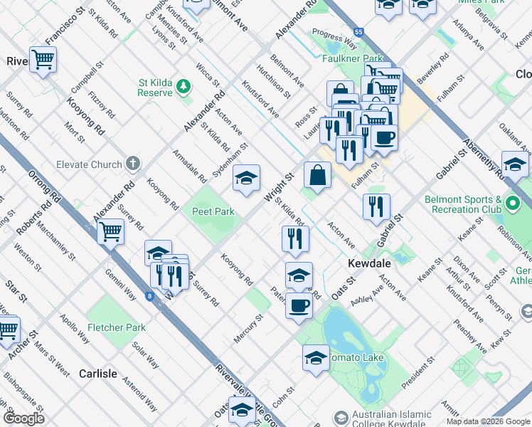 map of restaurants, bars, coffee shops, grocery stores, and more near 114 Wright Street in Kewdale