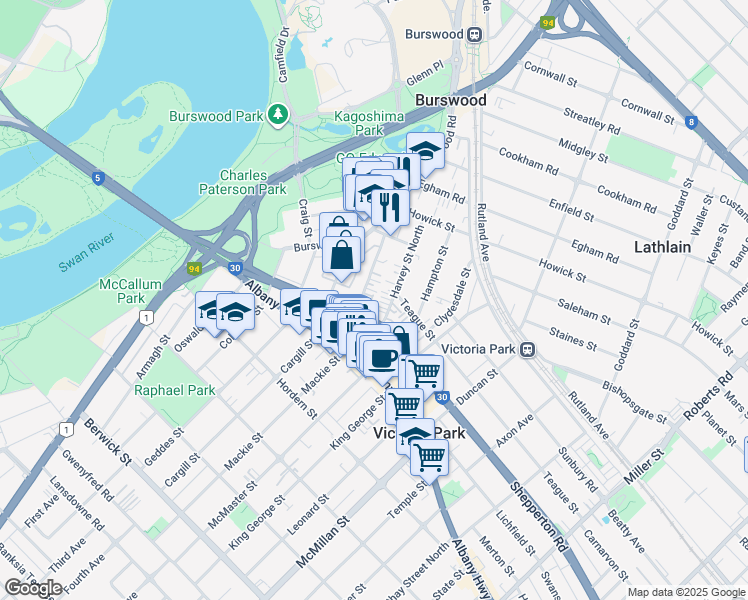 map of restaurants, bars, coffee shops, grocery stores, and more near 28 Rushton Street in Burswood