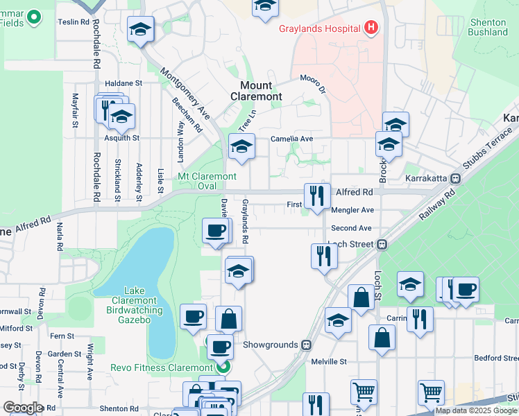 map of restaurants, bars, coffee shops, grocery stores, and more near 70 First Avenue in Claremont