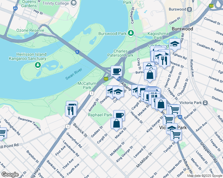 map of restaurants, bars, coffee shops, grocery stores, and more near 8 Hordern Street in Victoria Park
