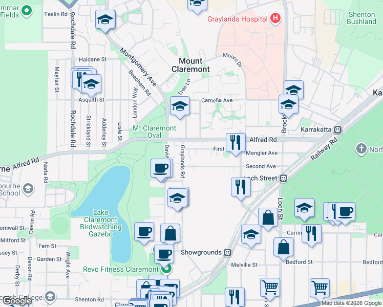 map of restaurants, bars, coffee shops, grocery stores, and more near 70 First Avenue in Claremont
