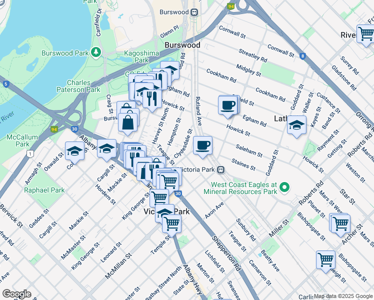map of restaurants, bars, coffee shops, grocery stores, and more near 4 Clydesdale Street in Burswood