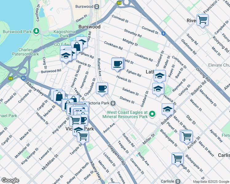 map of restaurants, bars, coffee shops, grocery stores, and more near 6 Gallipoli Street in Lathlain