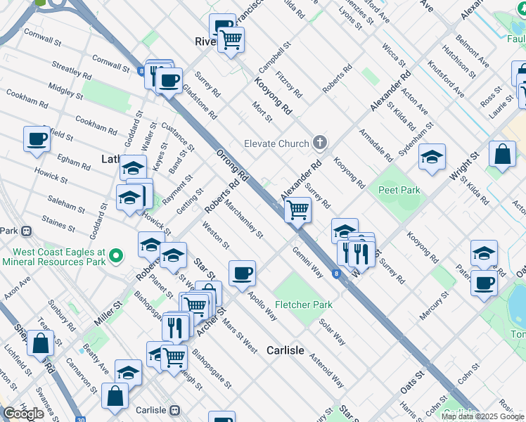 map of restaurants, bars, coffee shops, grocery stores, and more near 28 Satellite Place in Carlisle